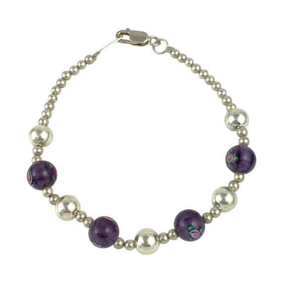 Floral Art Purple Glass Beaded Bracelet Sterling Silver 925 | 7.5\